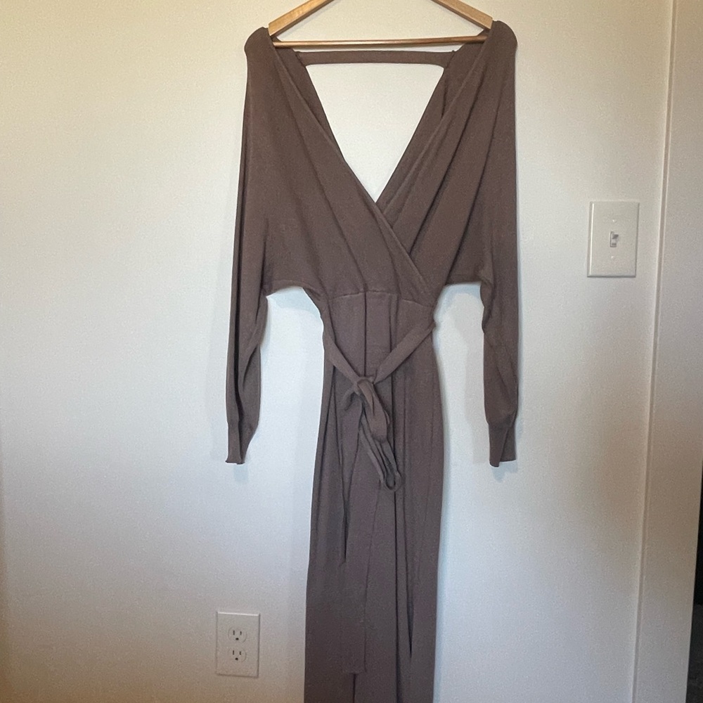 Gray/purple knit dress.